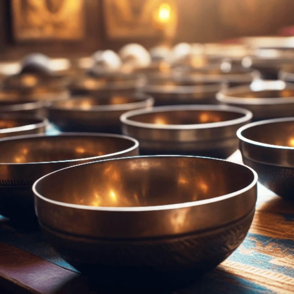 Tibetan bowls lined up at SiSpa